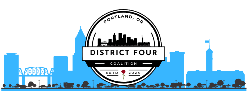District Four Coalition logo over an illustrated Portland skyline
