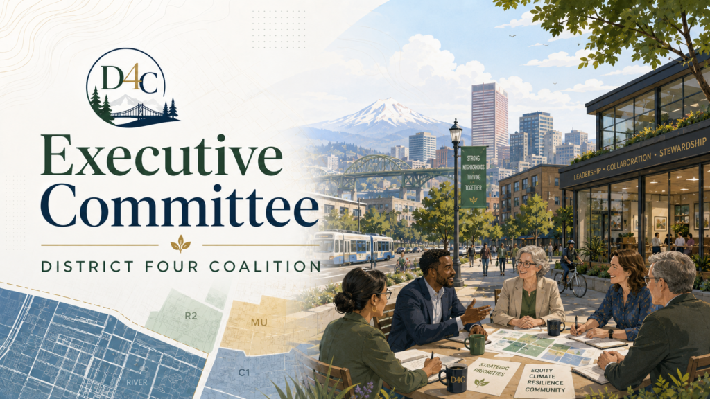 District Four Coalition Executive Committee title graphic over a Portland cityscape