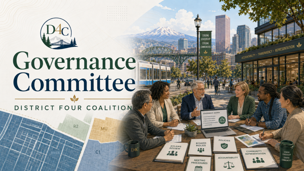 District Four Coalition Governance Committee title graphic over a Portland cityscape