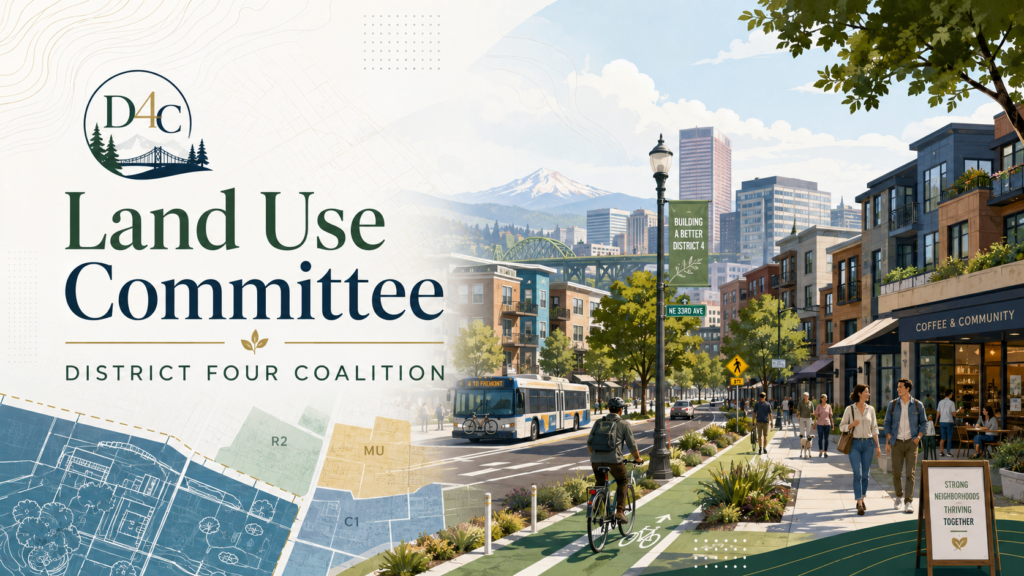 District Four Coalition Land Use and Transportation Committee title graphic over a Portland cityscape