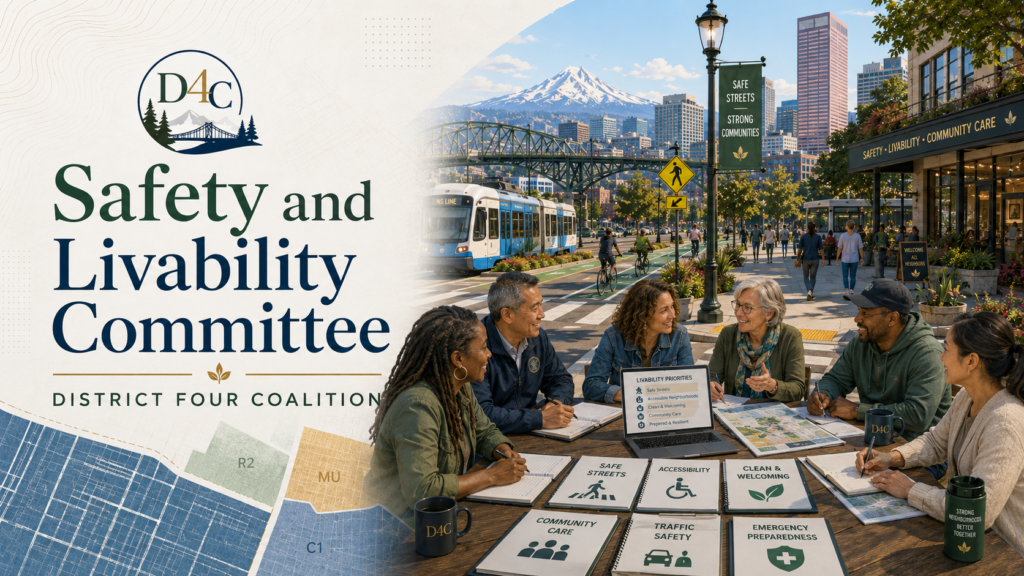 District Four Coalition Safety and Livability Committee title graphic over a Portland cityscape